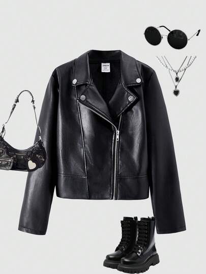 SHEIN ChillGRL Streecool Tween Girl 女童夹克，休闲时尚纯色翻领长袖拉链 PU 机车夹克，常规厚度适合日常休闲、派对、四季度假