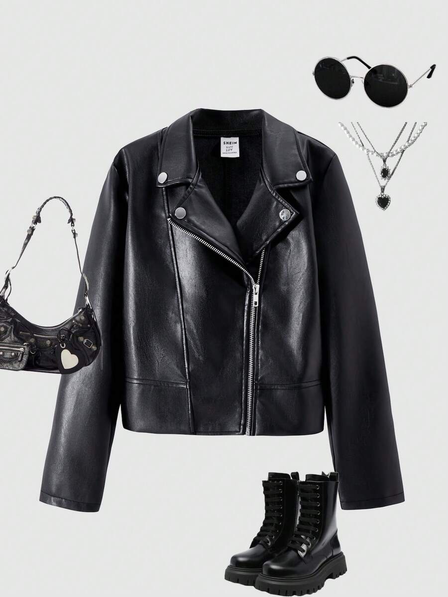 SHEIN ChillGRL Streecool Tween Girl 女童夹克，休闲时尚纯色翻领长袖拉链 PU 机车夹克，常规厚度适合日常休闲、派对、四季度假