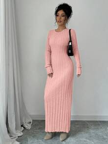 Rafferiza Women's Solid Color Round Neck Long Sleeve Fitted Ribbed Maxi Sweater Dress, Autumn/Winter - Dusty Pink - View 6