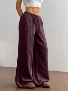 Flirla 女士柔软棉质纱布休闲裤，超低腰纯色松紧腰直筒设计 - 棕色 - 查看 6