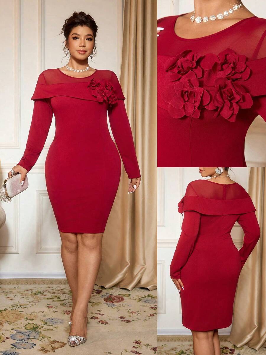Cravure Plus Size Elegant French Nobility Style Round Neck Side 3D Floral Decor Fitted Dignified Long Sleeve Dress, Suitable For School Season, Graduation, Holidays, Valentine's Day, Christmas, Music Festival, Mother's Day, Halloween, Thanksgiving, Easter, National Day, Prom, Date Party, Wedding Season, Outdoor Activities - Burgundy - View 1