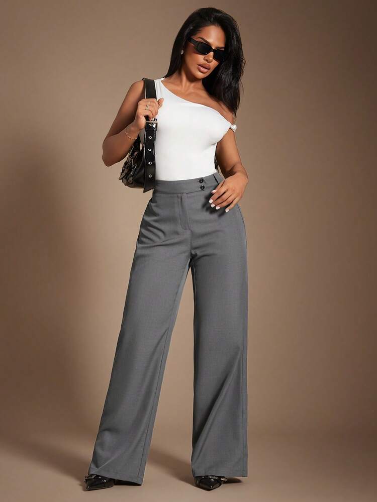 Radiana Pantalones rectos de cintura alta de color gris, de estilo minimalista y moderno, para mujer. Pantalones de cintura alta, pantalones casuales holgados, pantalones de pierna ancha, ropa de mujer de negocios casual, elegante estilo retro vintage, ropa minimalista urbana y cómoda, adecuada para salidas diarias, oficina, negocios, viajes y ocasiones formales. - Gris - Añade 5