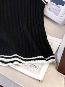 Manfinity Joysei Contrast Striped Trim V-Neck Cable Knit Casual Sweater Vest For Men, Fall Winter - Black - View 4