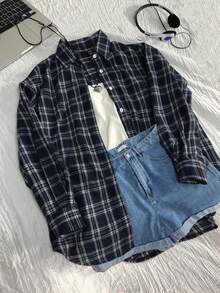 Elamini 女士休闲宽松复古格子衬衫，时尚百搭，秋冬衬衫 - 彩色 - 查看 3