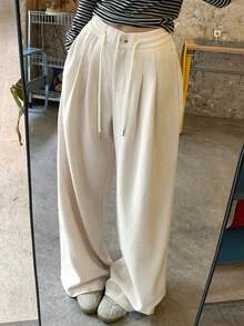 DAZY 女士宽松纯色抽绳腰阔腿裤，休闲街头风，秋冬款 - 杏色 - 查看 1