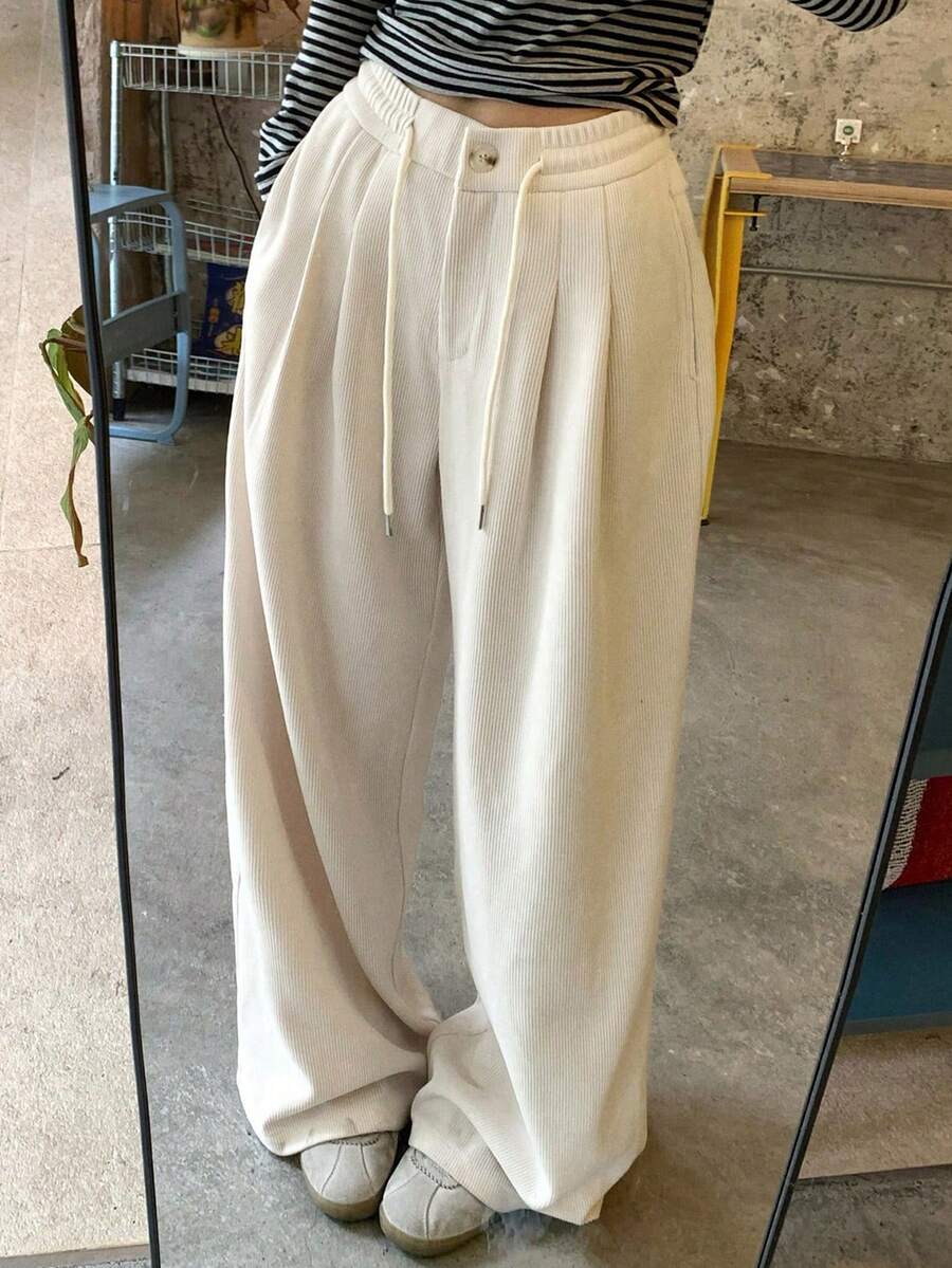 DAZY 女士宽松纯色抽绳腰阔腿裤，休闲街头风，秋冬款 - 杏色 - 查看 1