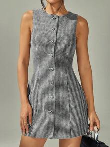 SHEIN PETITE 女士时尚通勤千鸟格前扣无袖迷你连衣裙 - 黑與白 - 查看 7