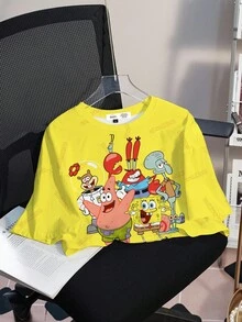 SpongeBob SquarePants | SHEIN Damen Gelbes T-Shirt mit Cartoon-Muster, Rundhalsausschnitt, Kurzarm, Crop-Schnitt