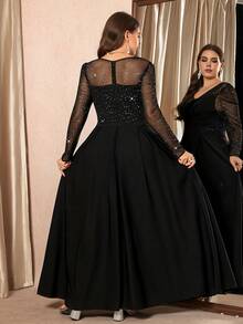 SHEIN Clasi 大码女式亮片网纱拼接长袖褶皱优雅连衣裙 - 黑色 - 查看 4