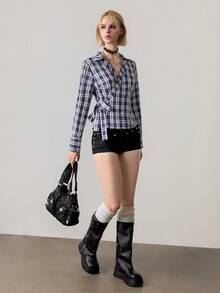 Ardnt 经典性感V领条纹衬衫，腰部系带设计，休闲法式风格，女士必备百搭衬衫，初秋 - 藍色 - 查看 5