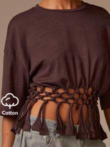 Athîral Women's Casual Tie-Knot Fringe Hem Top - Brown - View 1