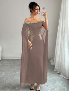 Rafferiza Váy đuôi cá dài trễ vai, eo thắt eo, họa tiết hoa vàng sang trọng, gợi cảm, thanh lịch, màu đen, xuân/hè - Cà phê nâu - Xem 3