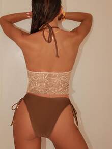 Swim Chiccia Elegant Women's Brown Halter Tankini Top With Plants Pattern And Matching Tie Side Bottoms - Brown - View 6
