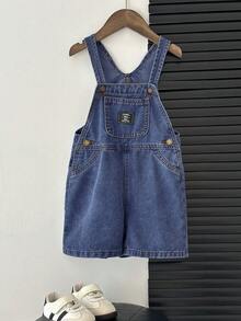SHEIN Young BoyFitted Blue Denim Bib Shorts - Dark Wash - View 8