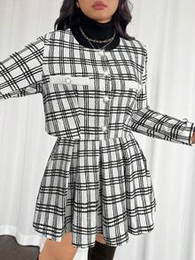 Firerie Plus Size Women's Elegant Commuter Workwear Sophisticated High-End Afternoon Tea Slightly Sexy Date Music Concert Collegiate Vintage Black & White Plaid Print Long Sleeve Jacket & Pleated Mini Skirt, Back To School Outfit Flannel Wednesday Addams In Fall/Winter