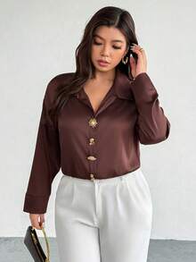 Firerie Plus Size Elegant Front Button Dropped Shoulder Long Sleeve Bodysuit, Suitable For Commuting, Autumn Brown Blouse Coffee Brown Top Office Blouse Brown Shirts For Women Business Casual Tops Woman - Coffee Brown - View 7