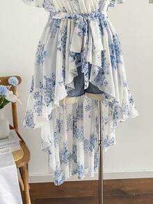 Soleia Áo cánh voan in hoa tay loe buộc nơ phía trước cho nữ cỡ lớn - Màu xanh lam - Xem 3