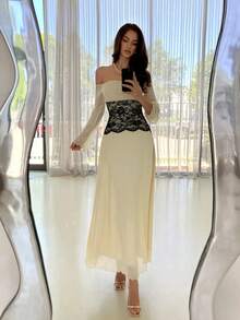 Aloruh 女士秋冬婚礼派对礼服，露肩俏皮蕾丝拼接撞色A字喇叭长袖礼服 - 杏色 - 查看 9