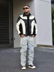 Devon Thys Men Two Tone Zip Up PU Leather Jacket, For Fall Winter - Black and White - View 1