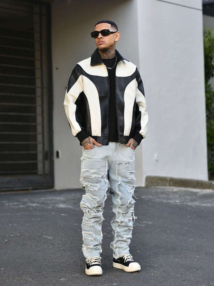 Devon Thys Men Two Tone Zip Up PU Leather Jacket, For Fall Winter - Black and White - View 1