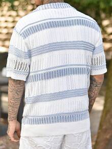 Devon Thys Camisa polo de manga corta tejida con rayas huecas para hombre - Azul y blanco - Ver 2