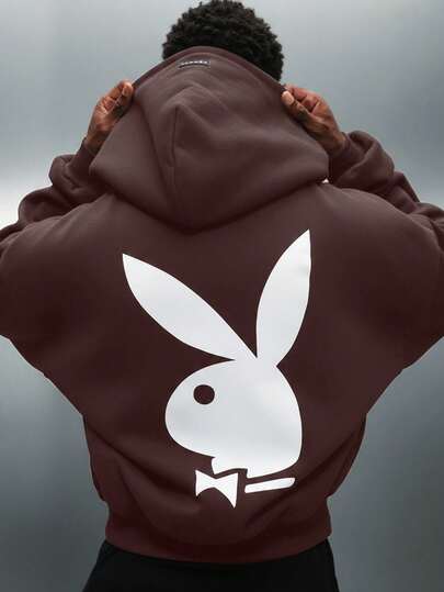 PLAYBOY X SUMWON Oversized Crop Fit Overhead Hoodie With Bunny Logo Print For Casual Streetwear And Winter Layering