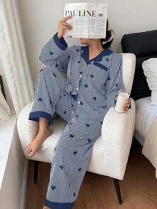 SHEIN Plus Size Contrast Color Collar Ruffle Heart Striped Long Sleeve Curve Pajamas Set Sleep Wear Women Set, Winter Clothes Wedding Valentine's Day - Blue - View 6