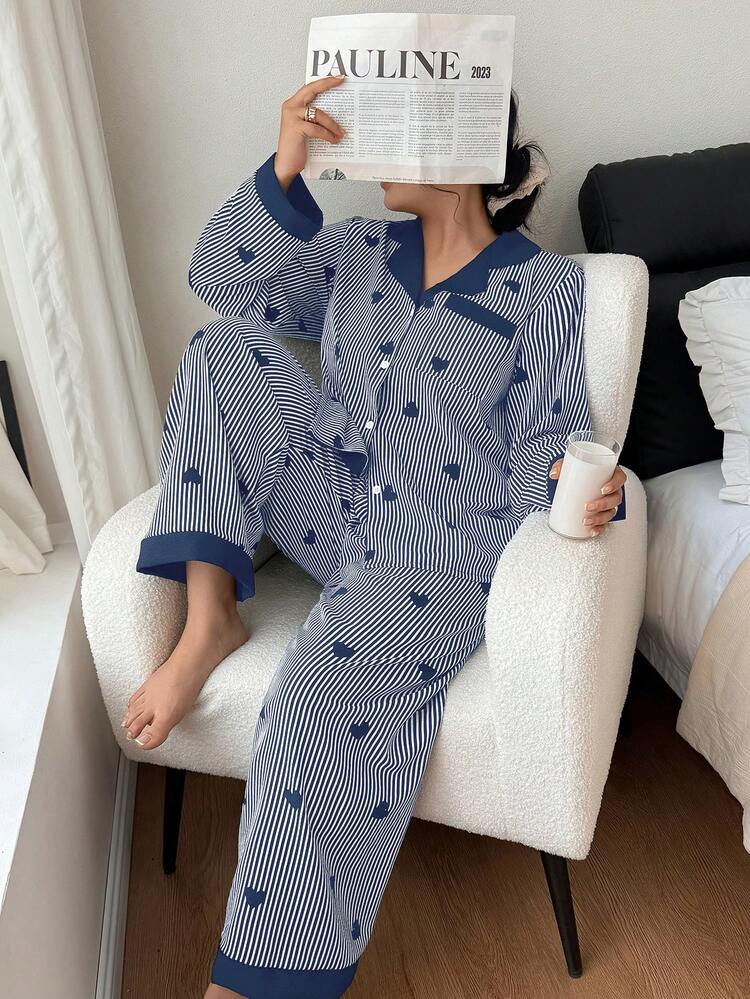 SHEIN 大码撞色领荷叶边爱心条纹长袖修身睡衣套装，女士冬季服装 - 藍色 - 查看 6