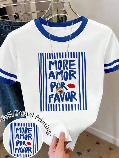 Resyla Women's More Amor Por Favor Print Graphic Loose Casual Contrast Block Color Strip Round Neck T-Shirt Top