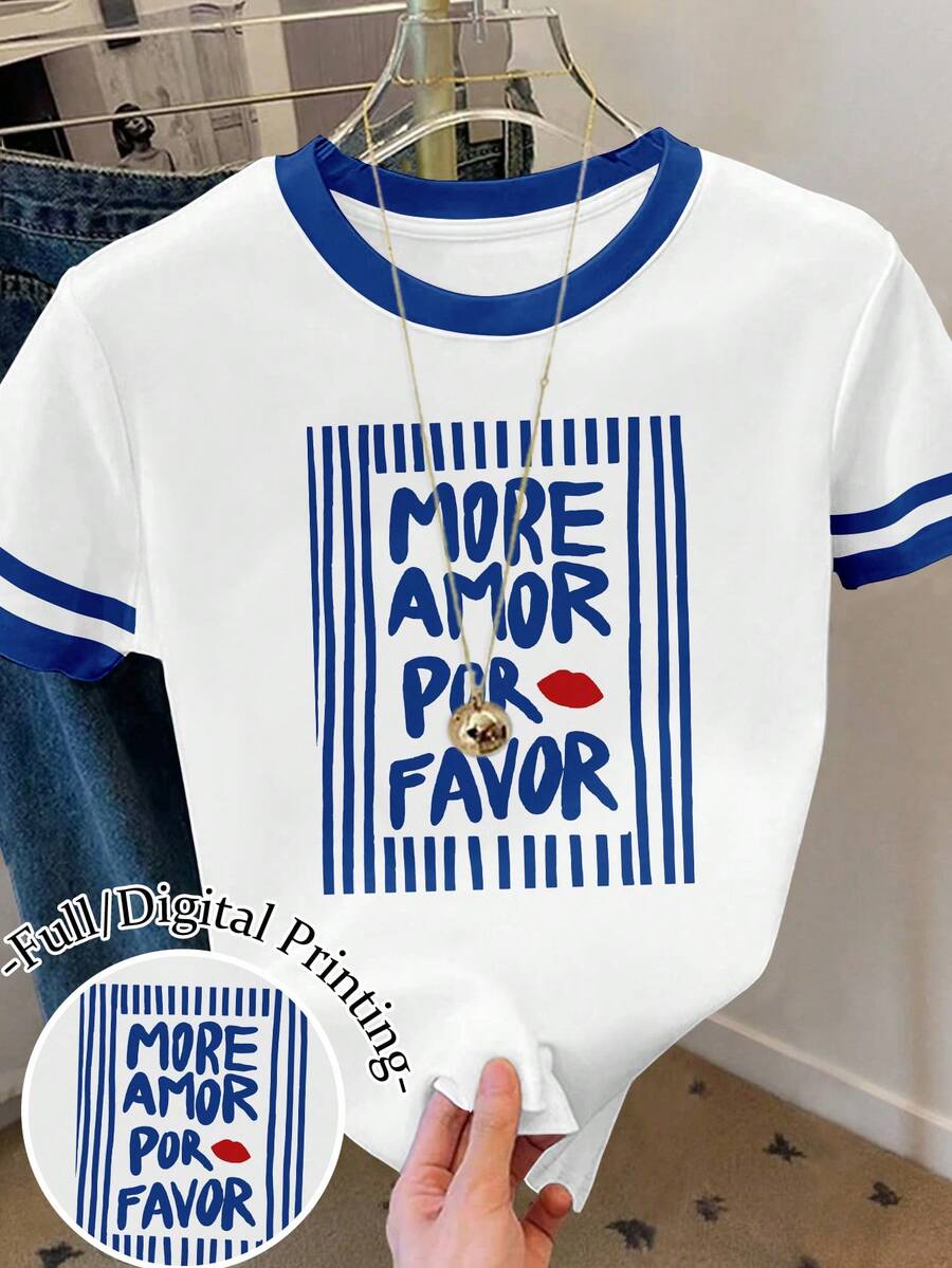 SHEIN 女士 More Amor Por Favor 印花图案宽松休闲撞色条纹圆领T恤 - 彩色 - 查看 1