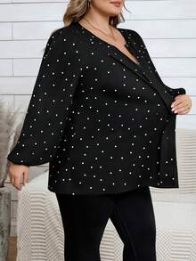 SHEIN CURVE+ Áo sơ mi thường ngày cổ chữ V tay dài in hoa cỡ lớn - màu đen - Xem 6