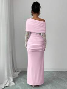 Rafferiza Women's Sexy & Elegant Asymmetric Neck Ruched Lace Patchwork Long Sleeve White Dress - Pink - View 2