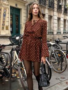 Pariaura Váy chấm bi thanh lịch đơn giản dành cho nữ, Váy thu - Cà phê nâu - Xem 4