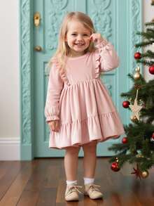 Souflis Souflis French Retro Shallow Pink Long Sleeve Velvet Dress, Suitable For Party, Outing, And Various Occasions, Autumn/Winter - Pink - View 5