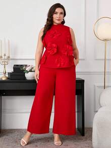 Ellevyn 大码女装两件套，优雅红色花卉图案两件套，派对礼服两件套，包含无袖上衣和长裤 - 紅色 - 查看 4