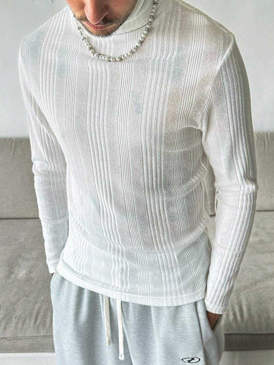 Manfinity Homme 男士白色高领保暖修身T恤，采用纹理弹力面料，更贴合身形，适合所有人穿着，经典必备单品。冬季男士长袖上衣 - 白色 - 查看 1