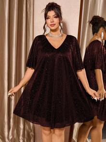 Cravure 大码女士优雅修身露肩亮片装饰网纱拼接纯色披肩袖长款派对连衣裙 - 酒紅色 - 查看 3