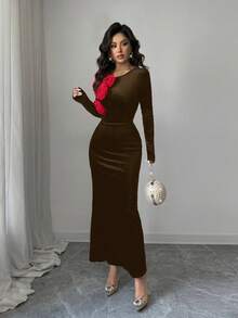 Rafferiza Women's Autumn/Winter Round Neck 3D Floral Velvet Bodycon Waist Cinching Long Dress, Elegant Party & Christmas Evening Gown Long Brown Dress Chocolate Brown Dress Brown Velvet Dress Long Sleeve Brown Dress - Brown - View 4