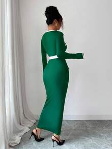 Elenzga 女士优雅撞色滚边纽扣装饰通勤连衣裙，秋季 - 綠色 - 查看 2