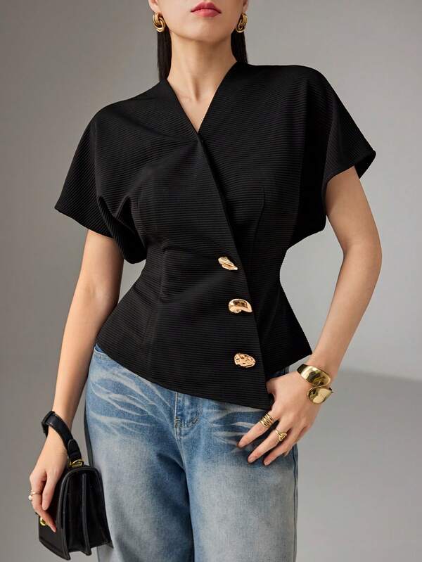 Heiryn Women's Fashion Commuter Batwing Sleeve Oblique Placket Shirt, Summer Tops For Women Elegant Business Casual Tops Woman Black Work Top Black Blouses For Women Black Shirts For Women