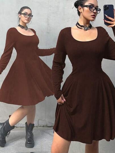 Flirla Plus Size Solid Color Waist Cinched Long Sleeve Casual Dress, Autumn
