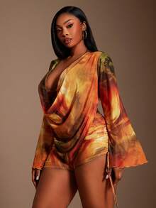 Radiana Plus Size Women's Rust Orange Marble Tie-Dye Mesh 3Pcs Set,Summer,Elegant,Vacation,Wedding Ninang,Holiday Beach Bikini Cover Up Shorts Outfit Fall - Multicolor - View 7