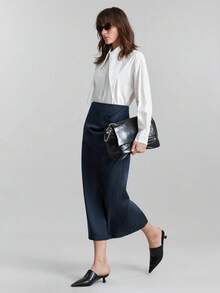 Ontre 2026 Spring/Summer Women's Vintage Elegant Casual Business Versatile, Nashville Apparel, Solid Color Skirt For Urban Commute, Business Casual, Wedding Guest Irregular Natural Ruffle Skirt - Navy Blue - View 2