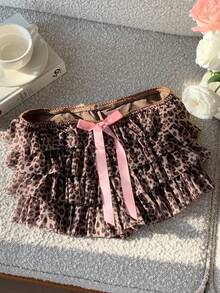 Comfortcana 2025秋冬新款时尚女式豹纹蝴蝶结装饰叠层休闲短裤 春季女式情人节沙滩度假女式豹纹短裤 - 棕色 - 查看 1