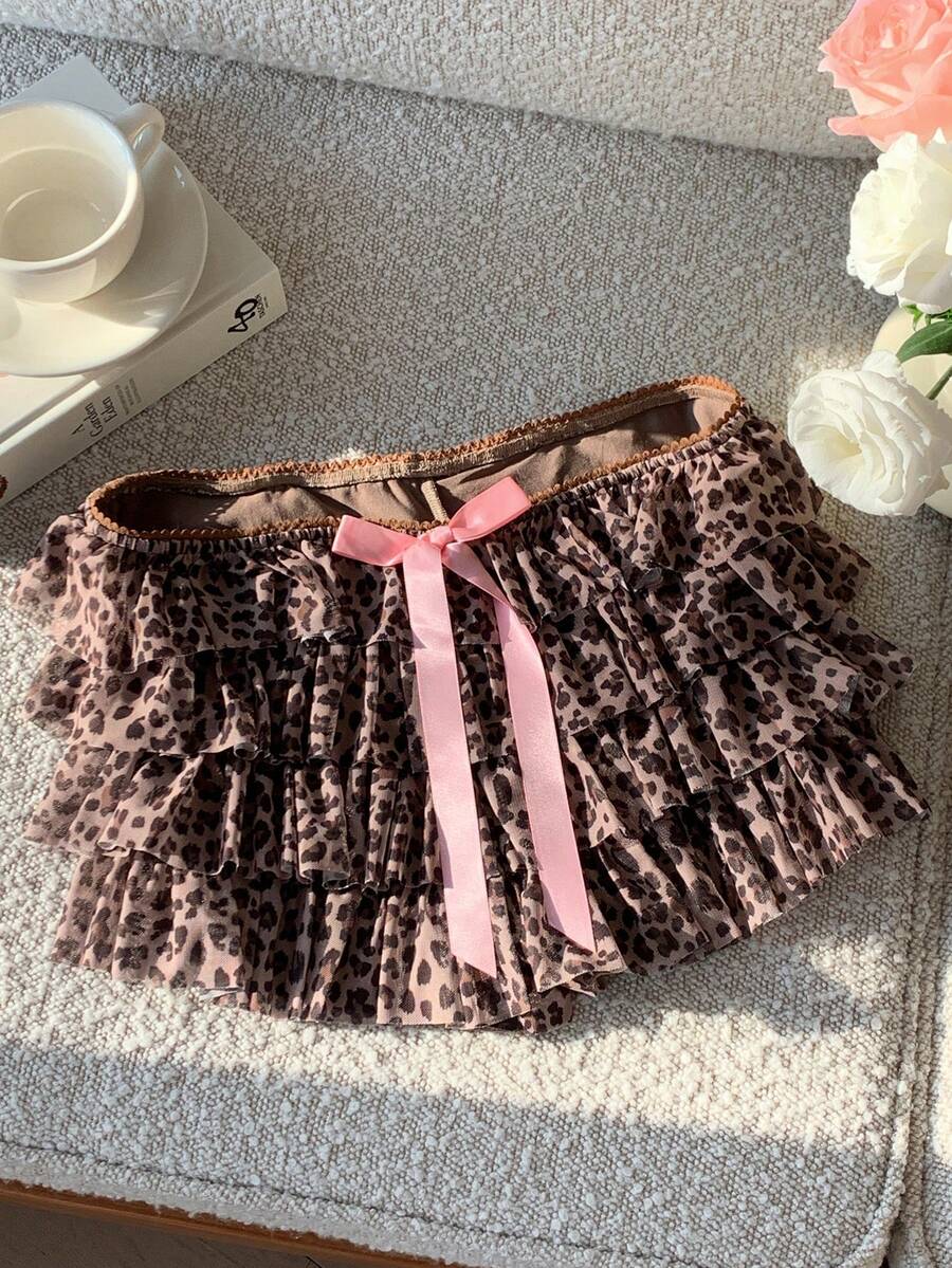 Comfortcana 2025秋冬新款时尚女式豹纹蝴蝶结装饰叠层休闲短裤 春季女式情人节沙滩度假女式豹纹短裤 - 棕色 - 查看 1