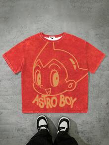 Astro Boy X SHEIN Camiseta de manga corta de cuello redondo con gráfico de letra y figura de dibujos animados para hombre - Blanco - Ver 1