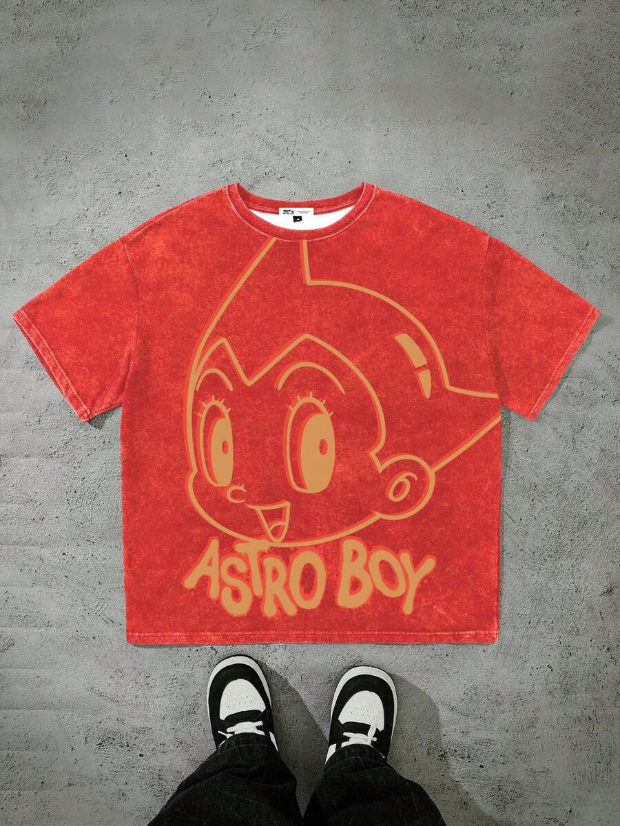 Astro Boy X SHEIN Camiseta de manga corta de cuello redondo con gráfico de letra y figura de dibujos animados para hombre - Blanco - Ver 1