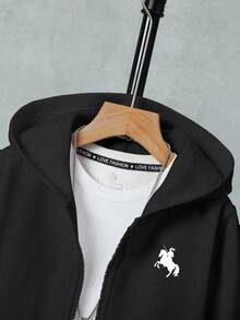 Sparklyn Tween Girls' Casual Solid Color Hooded Jacket, Autumn/Winter - Black - View 3