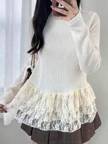 FRIFUL Women's Ruffled Collar Textured Fabric Lace Patchwork Layered Hem Long Sleeve Sweet T-Shirt - White - View 2