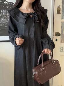 FRIFUL Women's Casual Ruffle Hem Front Tie Denim Dress, Autumn